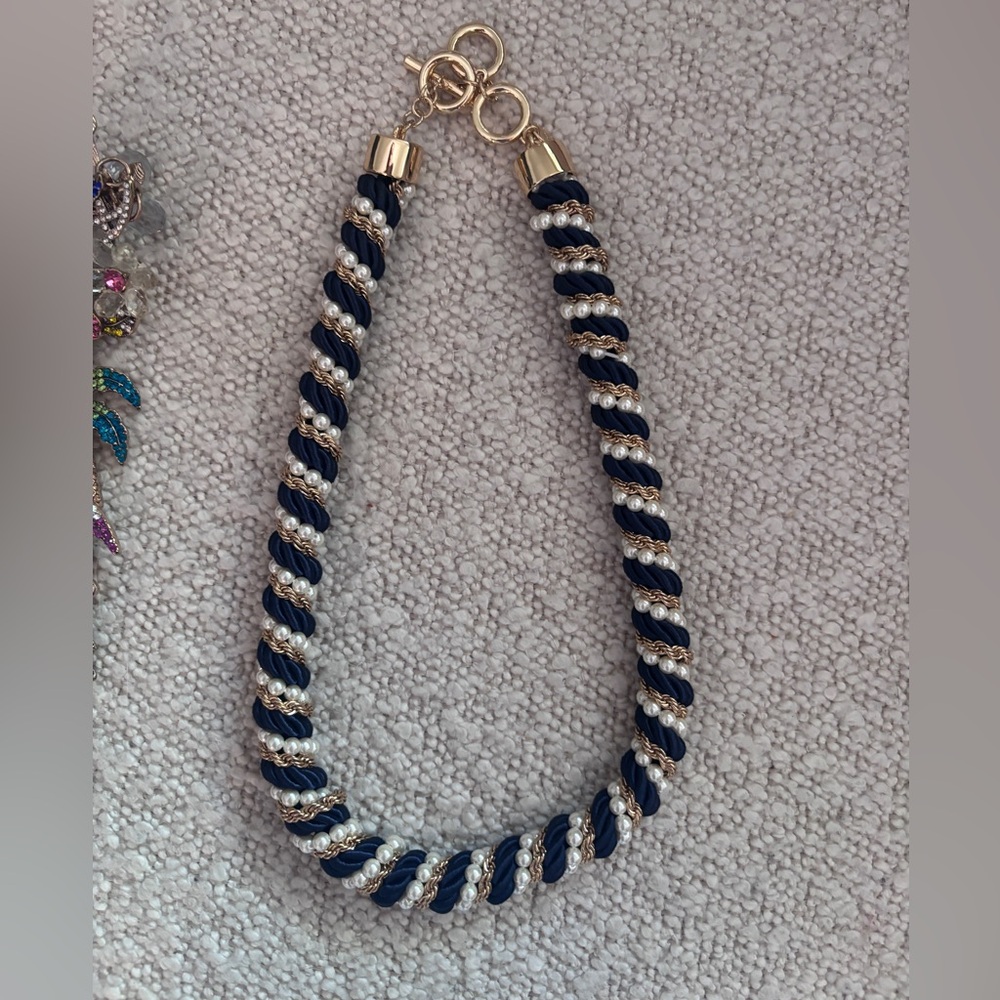 Elegant Navy and Gold and Pearl Twisted Necklace 17” up to 20” in length.
